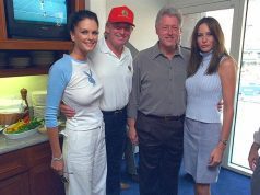 Sports Illustrated swimsuit model Kylie Bax wearing a Playboy shirt, with Donald Trump, Bill Clinton and Melania Trump (2000)