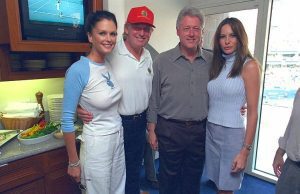 Sports Illustrated swimsuit model Kylie Bax wearing a Playboy shirt, with Donald Trump, Bill Clinton and Melania Trump (2000)