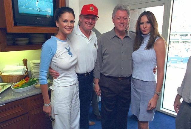 Sports Illustrated swimsuit model Kylie Bax wearing a Playboy shirt, with Donald Trump, Bill Clinton and Melania Trump (2000)